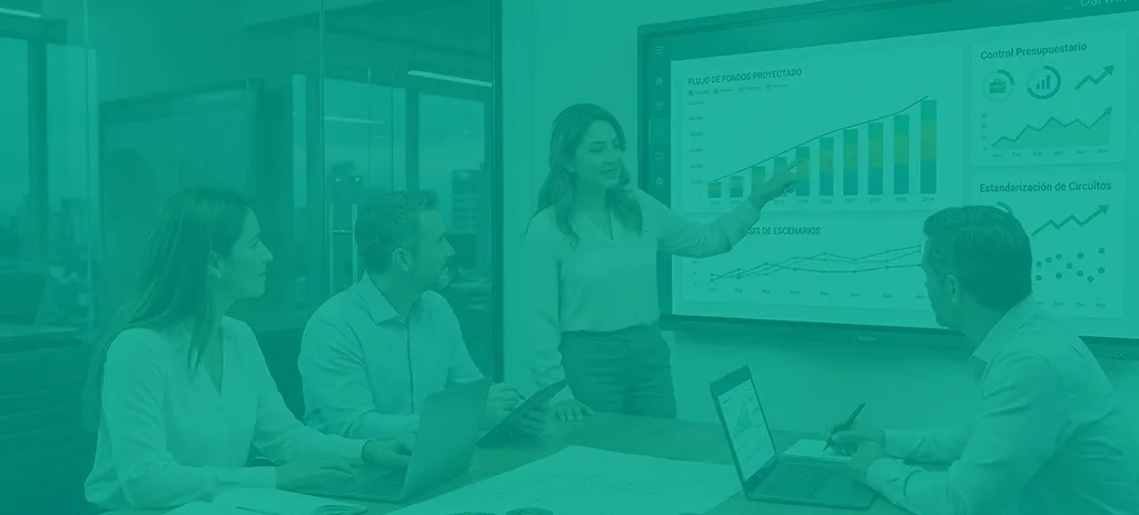 4 personas en un escritorio revisando un informe en un monitor