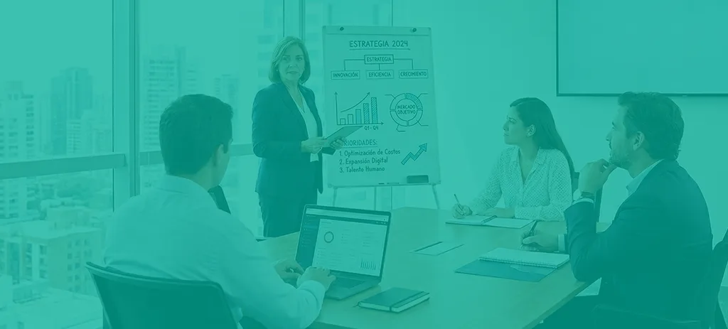 4 personas en un escritorio revisando un informe en un monitor